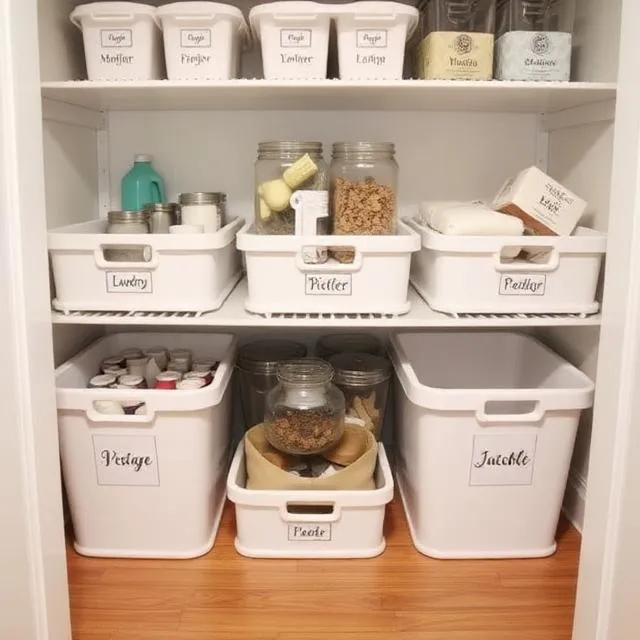 Use bins and labels for pantry or laundry